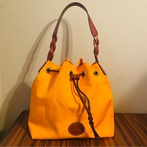 Dooney & Bourke Canvas Leather Large Bucket Bag Drawstring Purse Orange Brown